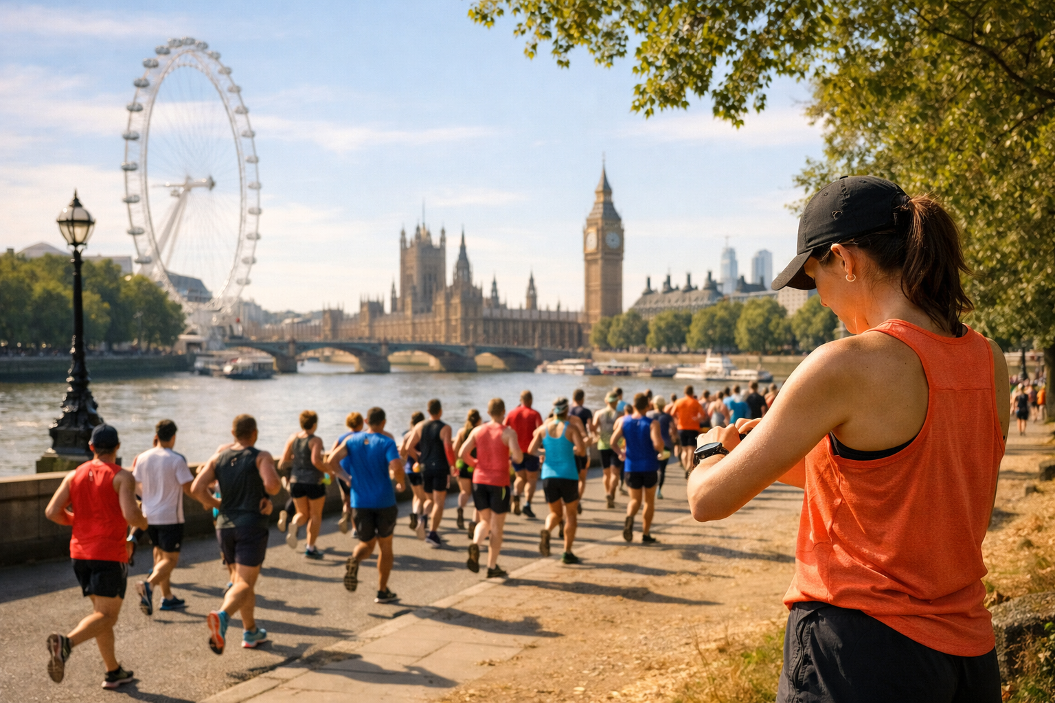 Close-up of runners' shoes hitting wet pavement in London 10K