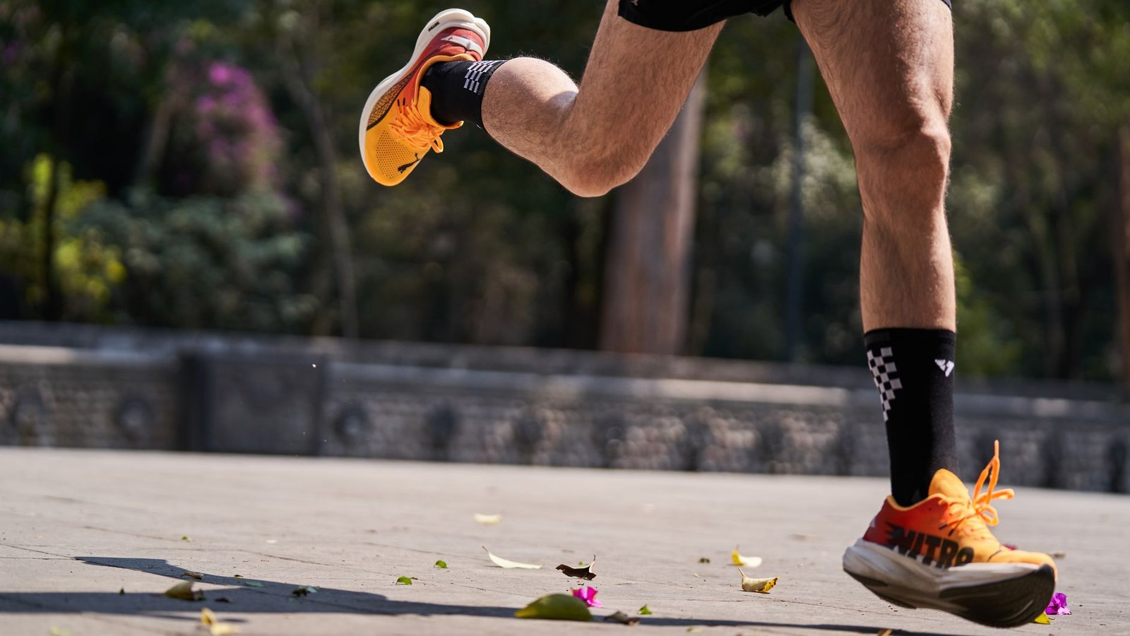 Close-up of foot cadence training on track treadmill