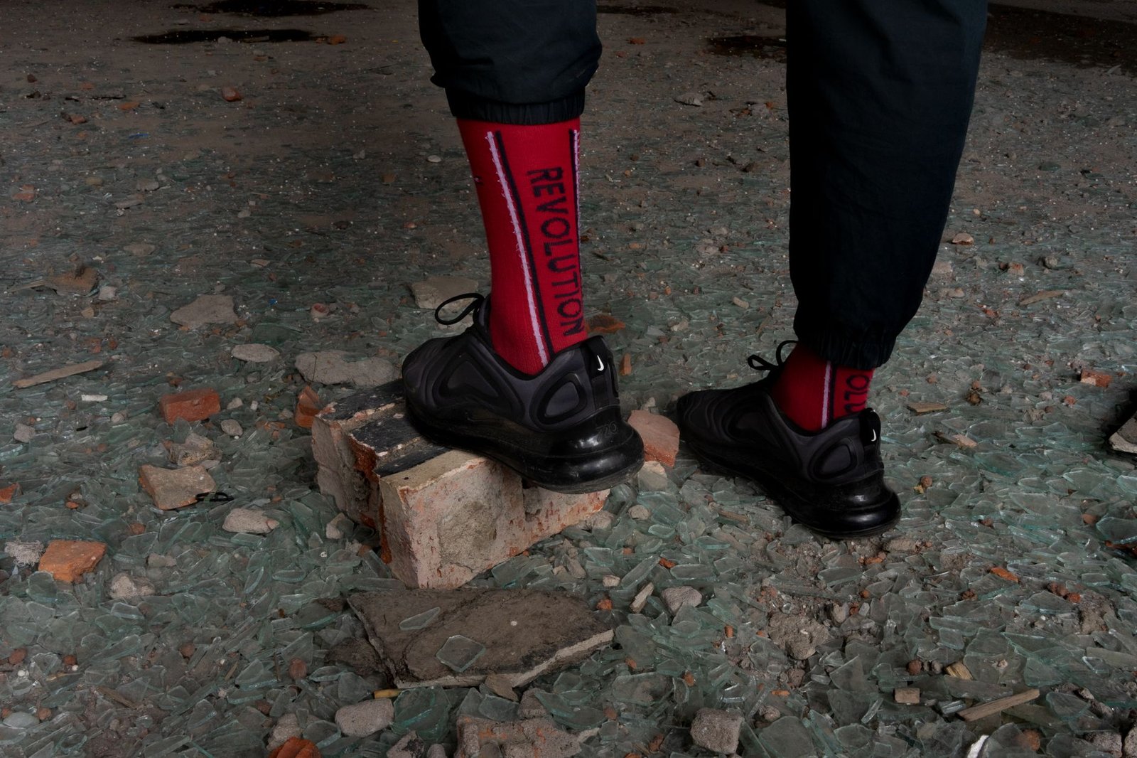 Close-up of marathon running shoes with extra socks